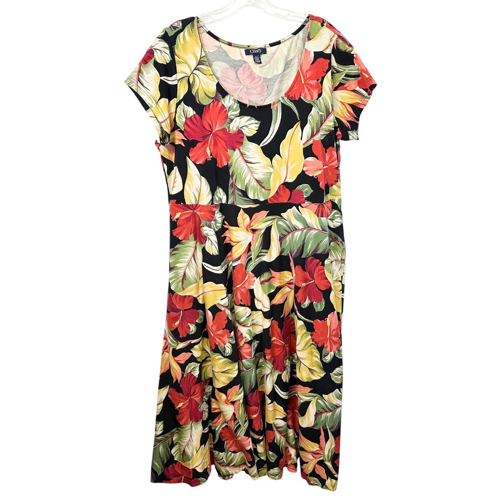 Chaps Plus Size 2X Maxi Dress Tropical Floral Vacation Cotton Empire Waist 508